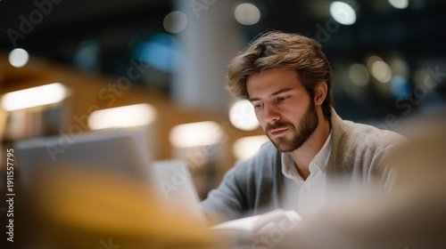 Sophisticated library atmosphere featuring a scholar researching vast databases, diving into knowledge for groundbreaking academic publications. Warm lighting, rows of bookshelves, and an engaged
