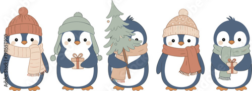 Group of cartoon penguins wearing winter hats and scarves standing together in a friendly illustration
