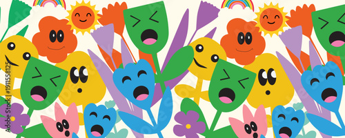 Summer kids background. Playful illustration design for poster, card and classroom decor with colorful rainbow, flowers and cute characters in isolate. Fun abstract shape children party or celebration