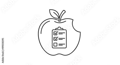 Vector line art of a bitten apple with a checklist on a clipboard inside isolated on transparent background