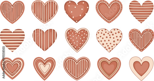 Collection of heartwarming decorative illustrations featuring diverse patterned and textured hearts in a rustic style, ideal for love themes and romantic occasions