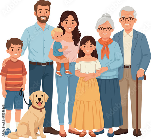 Family Icons Collection: Multi generational Group Portrait, Pet Companionship and Cartoon Illustration Graphics
