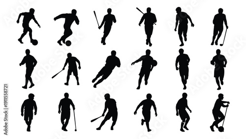 A collection of black silhouette images of people playing various sports Vector