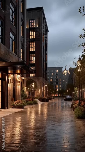 Rainy City Street at Night with Modern Buildings.