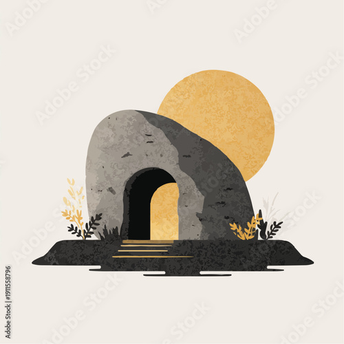 Empty tomb of Jesus at sunrise, minimalist vector illustration. Open cave with light symbolizing the resurrection on Easter morning.