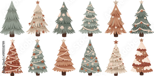 A charming collection of beautifully decorated Christmas trees, perfect for festive holiday greetings and seasonal designs