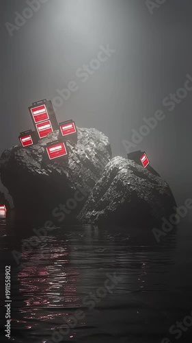 Mysterious Island with Red Lanterns in Fog.