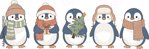 Cartoon penguins standing together in winter clothing and holding gifts in a festive scene