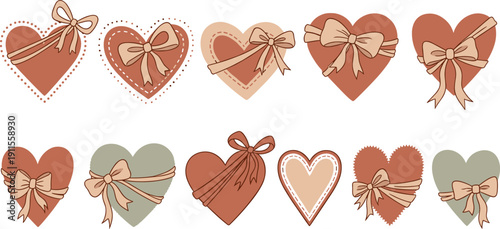 Collection of assorted heart-shaped illustrations with ribbons and bows, various designs and colors, on a clean background, from a straightforward viewpoint