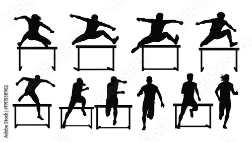 Athletes performing various hurdle jumping techniques in a sequence Vector