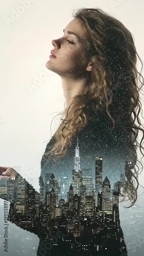 Woman with Cityscape Double Exposure Portrait.