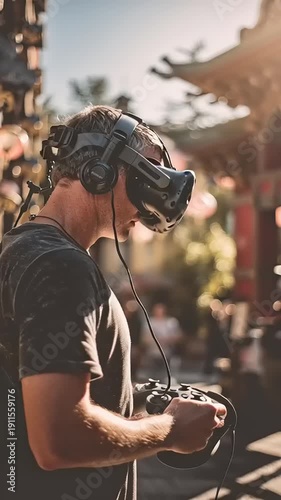 Man Using Virtual Reality Headset Outdoors.