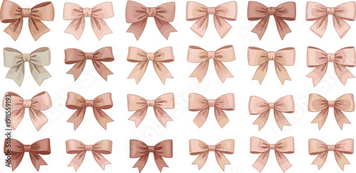 A grid of assorted pink and red bows arranged in four rows on a white background viewed from directly above