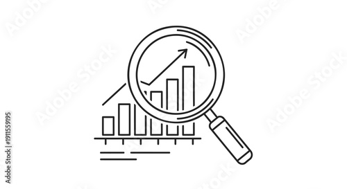 Line graph and magnifying glass icon for data analysis and statistics isolated on transparent background