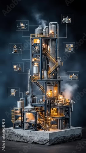 Industrial Factory Model with Illuminated Machinery.