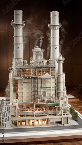Industrial Power Plant Model with Smokestacks.