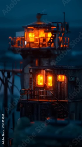 Illuminated Oil Rig at Night.