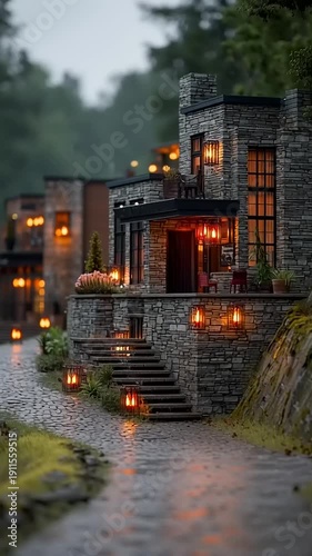 Luxury Stone Houses with Lanterns in Forest.