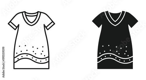 Black and white sleeveless women's dress with polka dots and striped trim flat lay design template