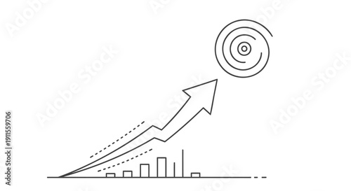 Line graph with upward arrow and target symbol, illustrating business growth and success