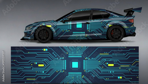 A car with a circuit board design wrap, showcasing a futuristic and technological aesthetic.