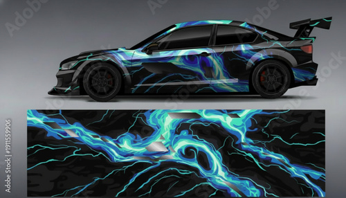 Sports car with a dynamic blue and teal lightning bolt graphic vinyl wrap design.