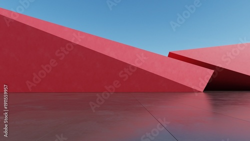 Abstract architecture background, Red Concrete Wall  on empty concrete floor, Scene for car presentation, Modern Exterior, 3D rendering