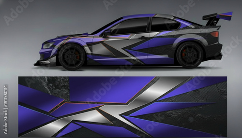 Dynamic purple and silver geometric car wrap design on a sleek sports coupe.