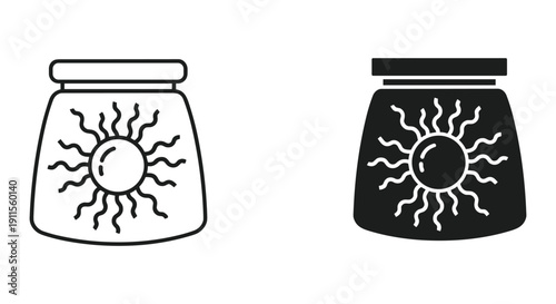 Line art glass jars with sun and explosion icons isolated on white minimalist vector illustration