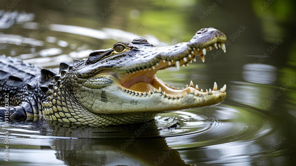 Fototapeta premium A large crocodile with its mouth open is swimming in murky water with greenery in the background.