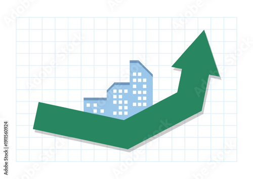 Real estate investment concept. The green upper arrow with a building and a blue table on a white background. Property growth and profit for the future.