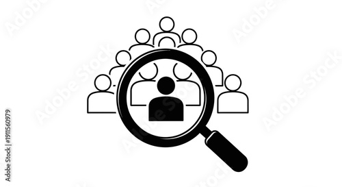 Magnifying glass focusing on a person among a group of people.
