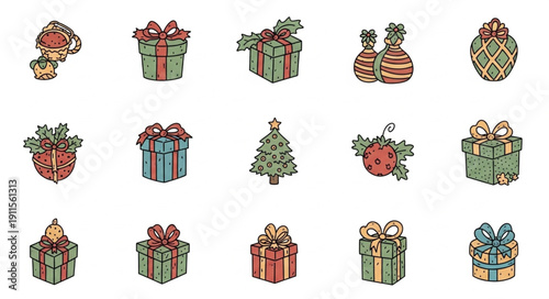 Collection of Hand Drawn Christmas Gift Boxes and Ornaments.