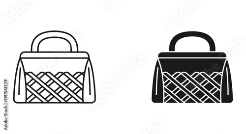 Elegant Handbag Illustration with Lattice Pattern and Handle, Black and White Design