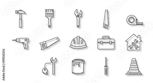 Collection of Hand Drawn Construction and Repair Tools.