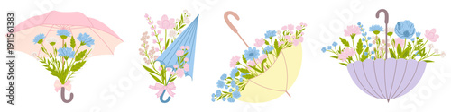 Spring flowers inside umbrellas. Hello, spring! Set of flat illustrations.
