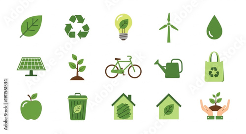 Collection of eco friendly icons for sustainability and green living.