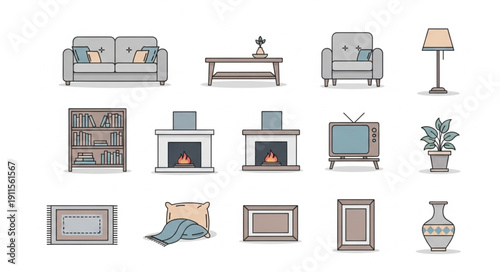 Collection of retro pixel art furniture and home decor items.