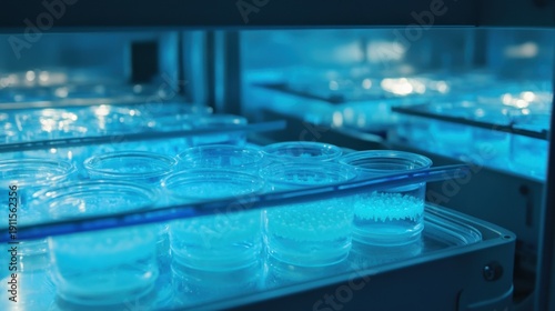 Wallpaper Mural A scientific laboratory incubator holding multiple culture plates, illuminated with a striking glowing blue light, depicting advanced research for various applications. Torontodigital.ca