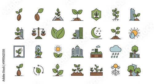 Collection of green plant icons.