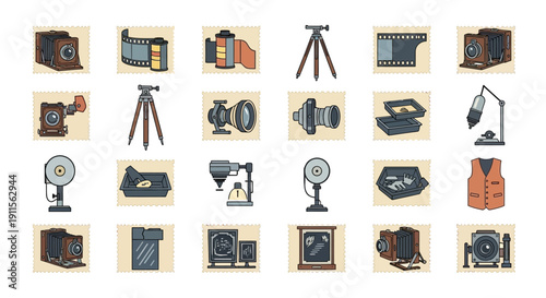Collection of old camera equipment.