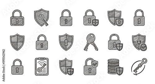 Collection of padlock and shield icons.