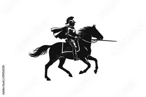 Knightly Charge: A majestic silhouette of a knight mounted on a horse, poised for a charge, the scene exuding a sense of valor and medieval combat. 