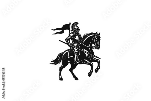 The Knight's Charge: A noble knight in full armor charges forth on horseback, flag raised high, embodying courage, valor, and the spirit of chivalry.