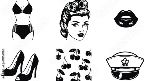 Laptop vector illustration with pinup girl and fashion icons on screen