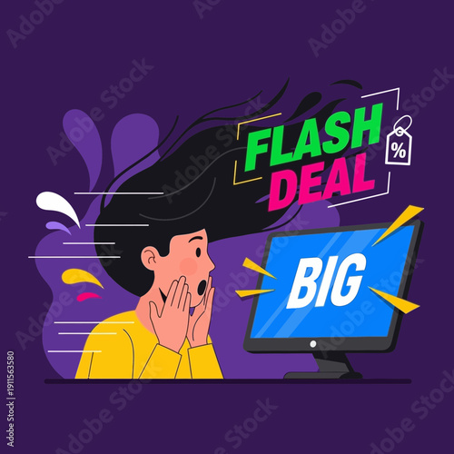 Surprised woman reacts to big flash deal on computer screen