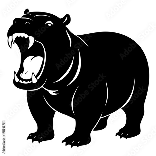 Yawning Hippo Full Body Black Silhouette Vector Style