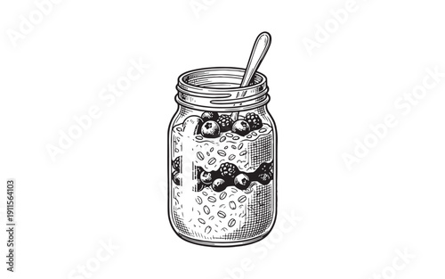 oats with layers of fresh blueberries and raspberries in a glass mason jar vintage engraving style.