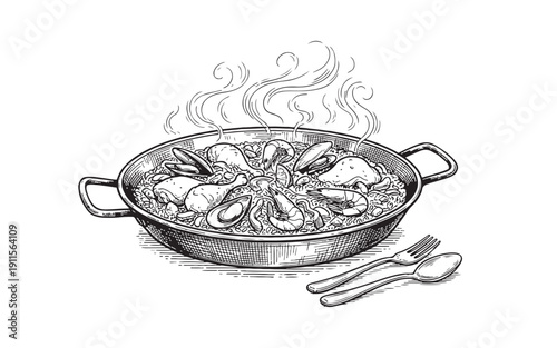 Traditional Spanish seafood paella with shrimp mussels and chicken legs in a large pan vintage engraving style.
