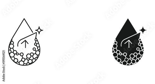 Stylized Water Droplet Icons with Bubbles and Sparkles in Black and White